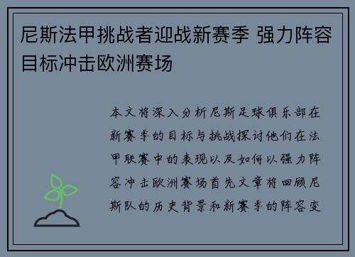 尼斯法甲挑战者迎战新赛季 强力阵容目标冲击欧洲赛场