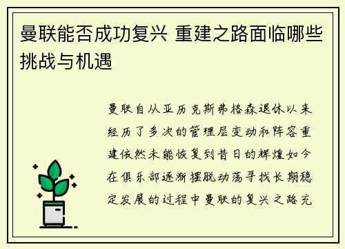 曼联能否成功复兴 重建之路面临哪些挑战与机遇