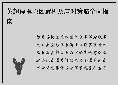 英超停摆原因解析及应对策略全面指南 英超停摆原因解析及应对策略全面指南