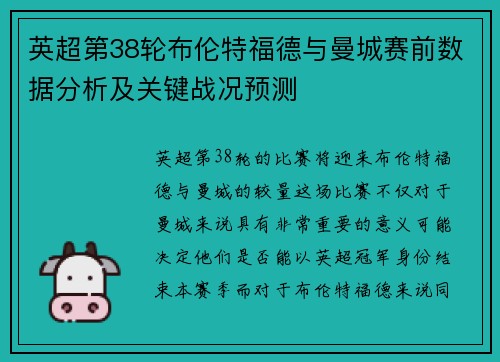 英超第38轮布伦特福德与曼城赛前数据分析及关键战况预测 英超第38轮布伦特福德与曼城赛前数据分析及关键战况预测