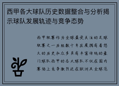 西甲各大球队历史数据整合与分析揭示球队发展轨迹与竞争态势 西甲各大球队历史数据整合与分析揭示球队发展轨迹与竞争态势