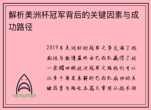 解析美洲杯冠军背后的关键因素与成功路径 解析美洲杯冠军背后的关键因素与成功路径
