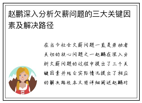 赵鹏深入分析欠薪问题的三大关键因素及解决路径 赵鹏深入分析欠薪问题的三大关键因素及解决路径